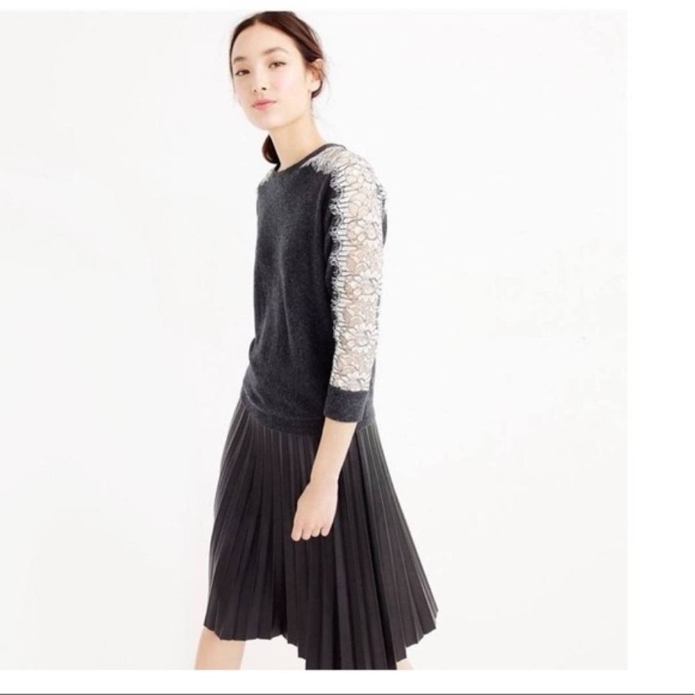 J. Crew Charcoal Wool Blend Sweater with Lace Sleeve Accents Small